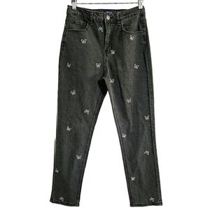 Womans Angel Kiss Mom Jeans Butterfly embroidered Size‎ 26 Black